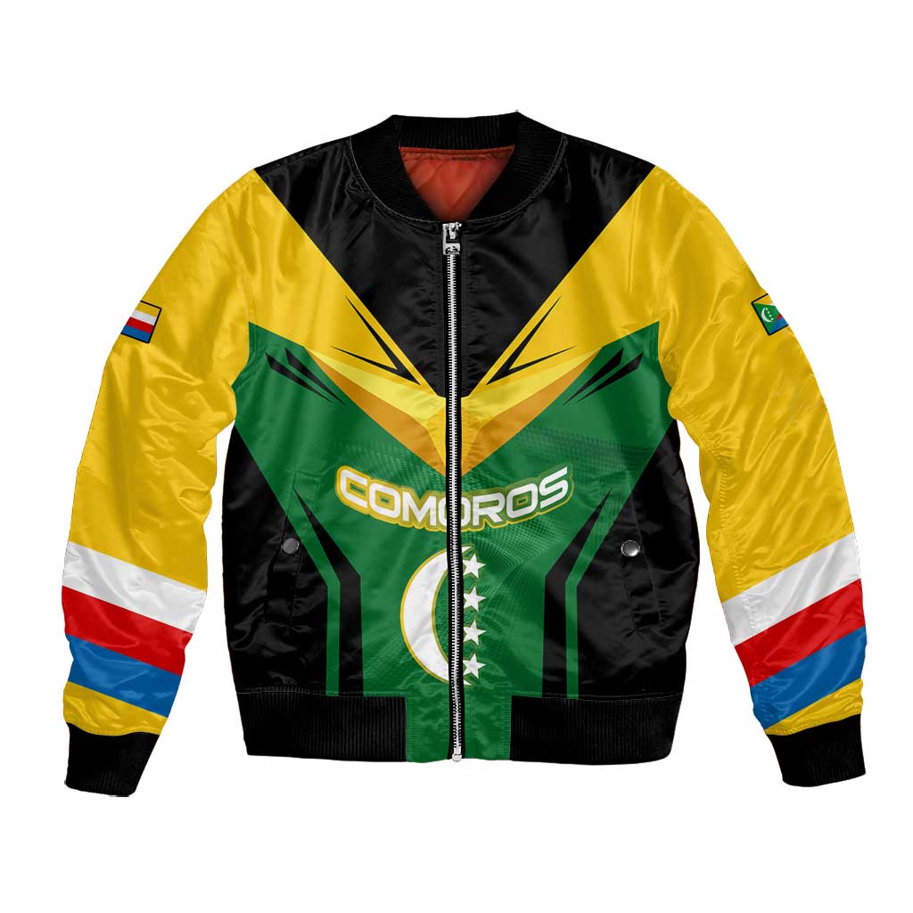 Comoros Bomber Jacket - National Colors Green Yellow Black Crescent Moon and Stars Emblem