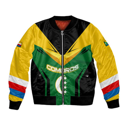 Comoros Bomber Jacket - National Colors Green Yellow Black Crescent Moon and Stars Emblem