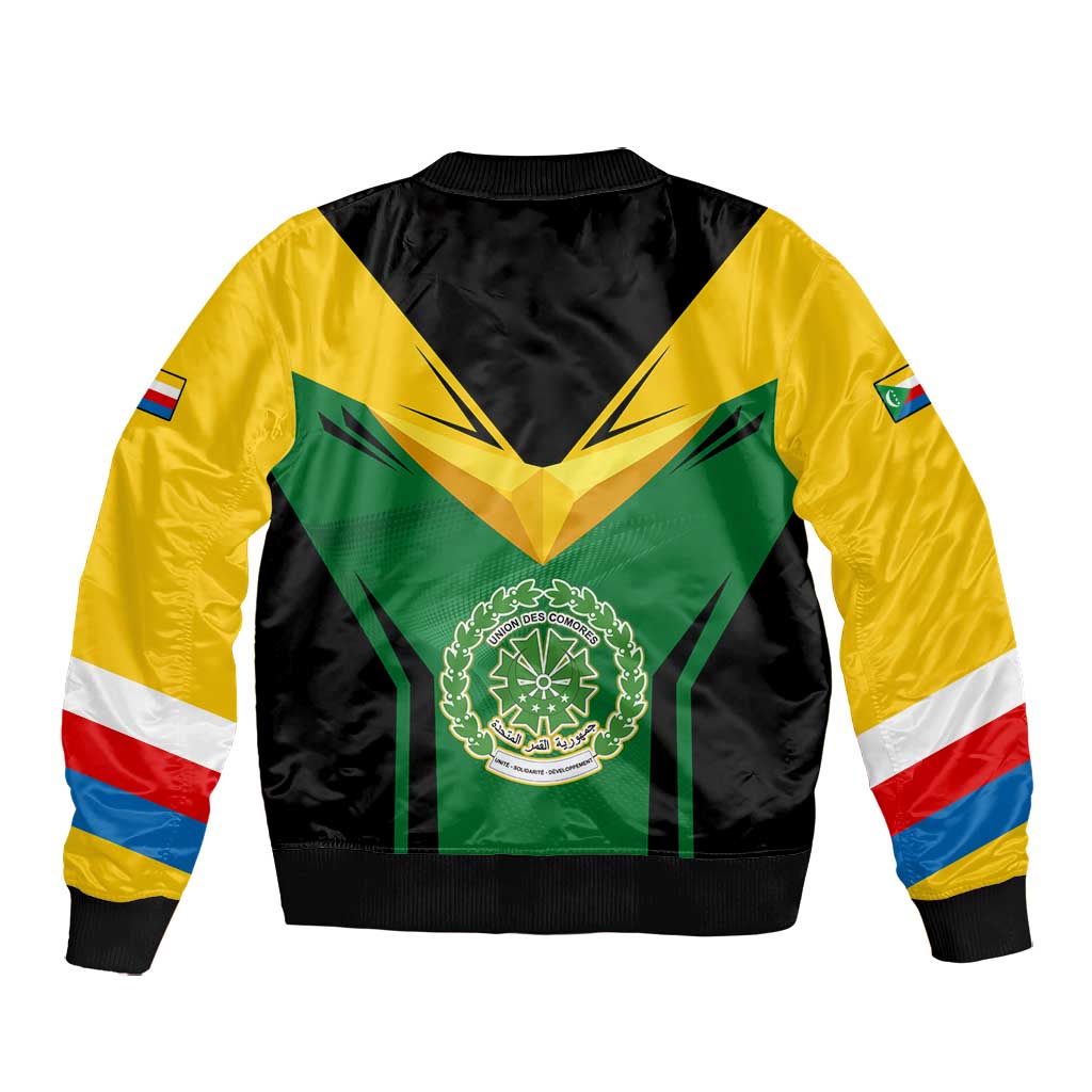 Comoros Bomber Jacket - National Colors Green Yellow Black Crescent Moon and Stars Emblem