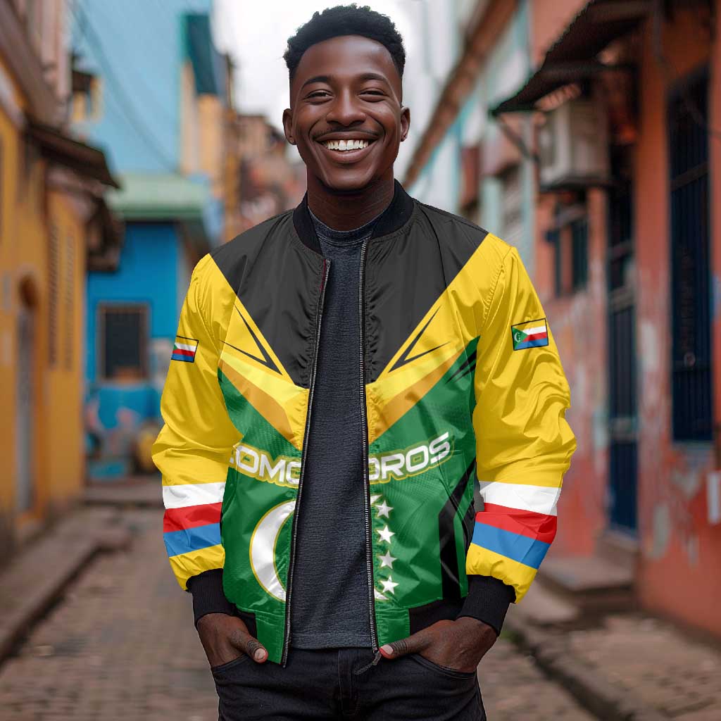 Comoros Bomber Jacket - National Colors Green Yellow Black Crescent Moon and Stars Emblem