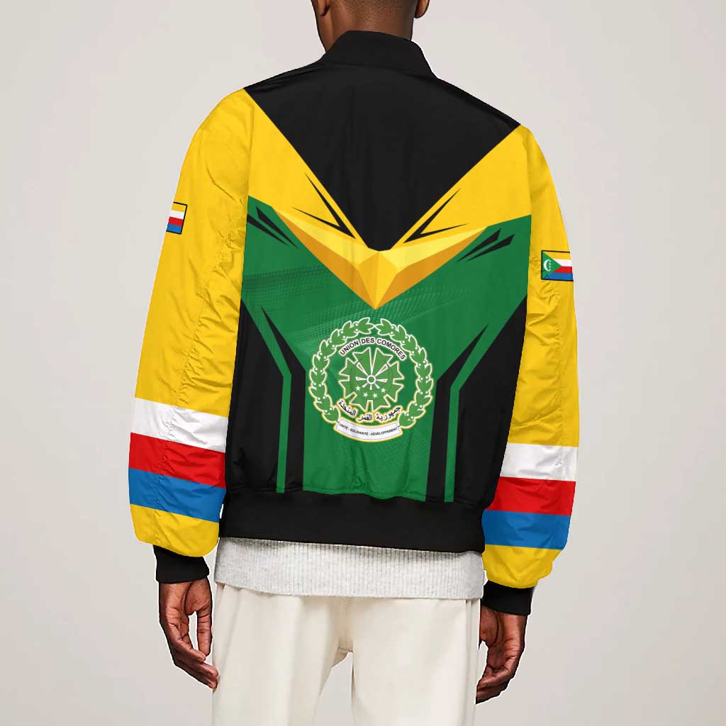 Comoros Bomber Jacket - National Colors Green Yellow Black Crescent Moon and Stars Emblem