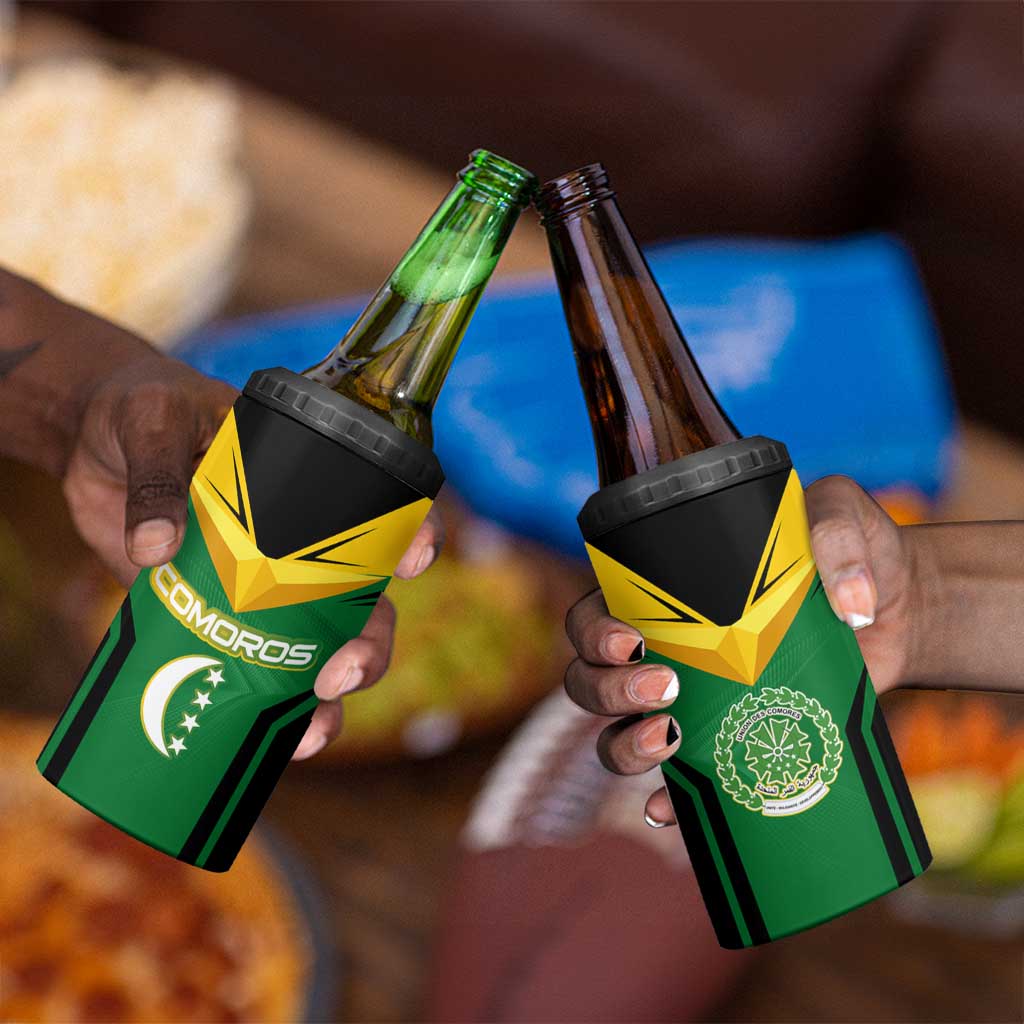 Comoros 4 in 1 Can Cooler Tumbler - National Colors Green Yellow Black Crescent Moon and Stars Emblem