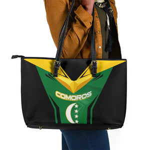 Comoros Leather Tote Bag - National Colors Green Yellow Black Crescent Moon and Stars Emblem