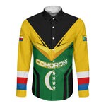 Comoros Long Sleeve Button Shirt - National Colors Green Yellow Black Crescent Moon and Stars Emblem