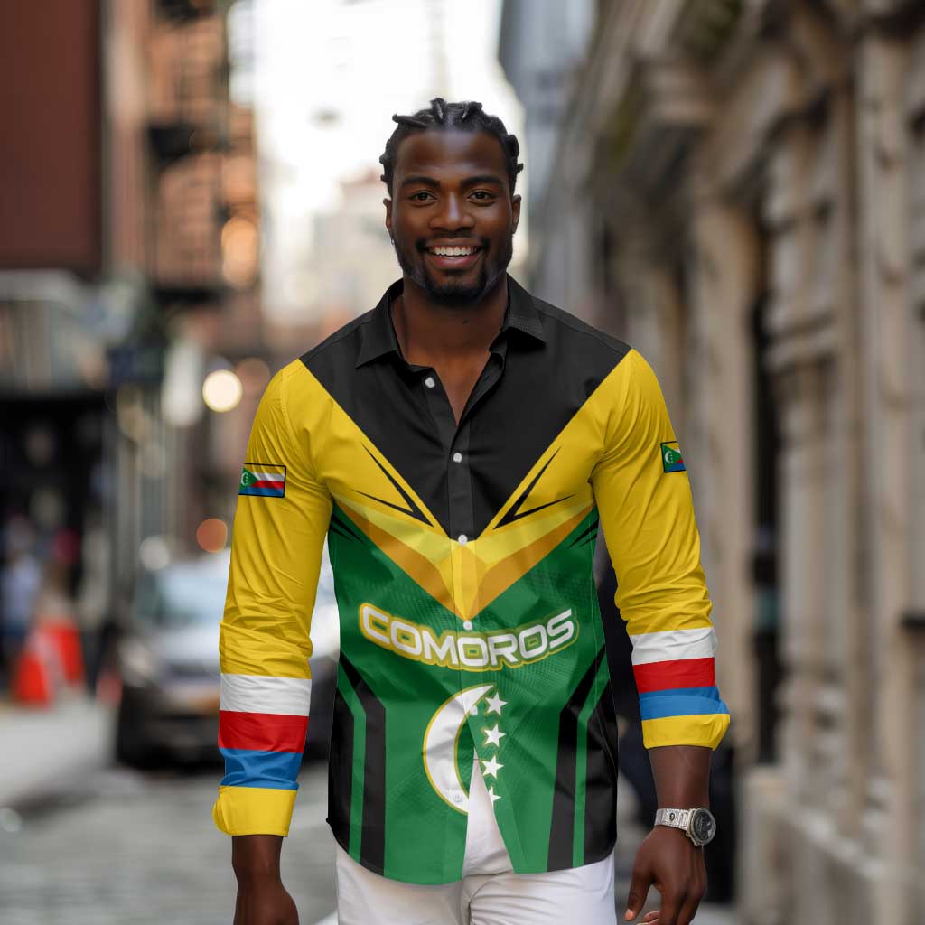 Comoros Long Sleeve Button Shirt - National Colors Green Yellow Black Crescent Moon and Stars Emblem