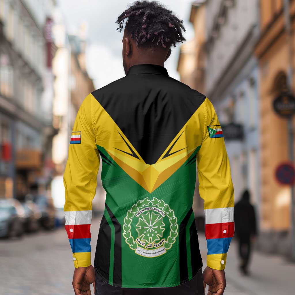 Comoros Long Sleeve Button Shirt - National Colors Green Yellow Black Crescent Moon and Stars Emblem