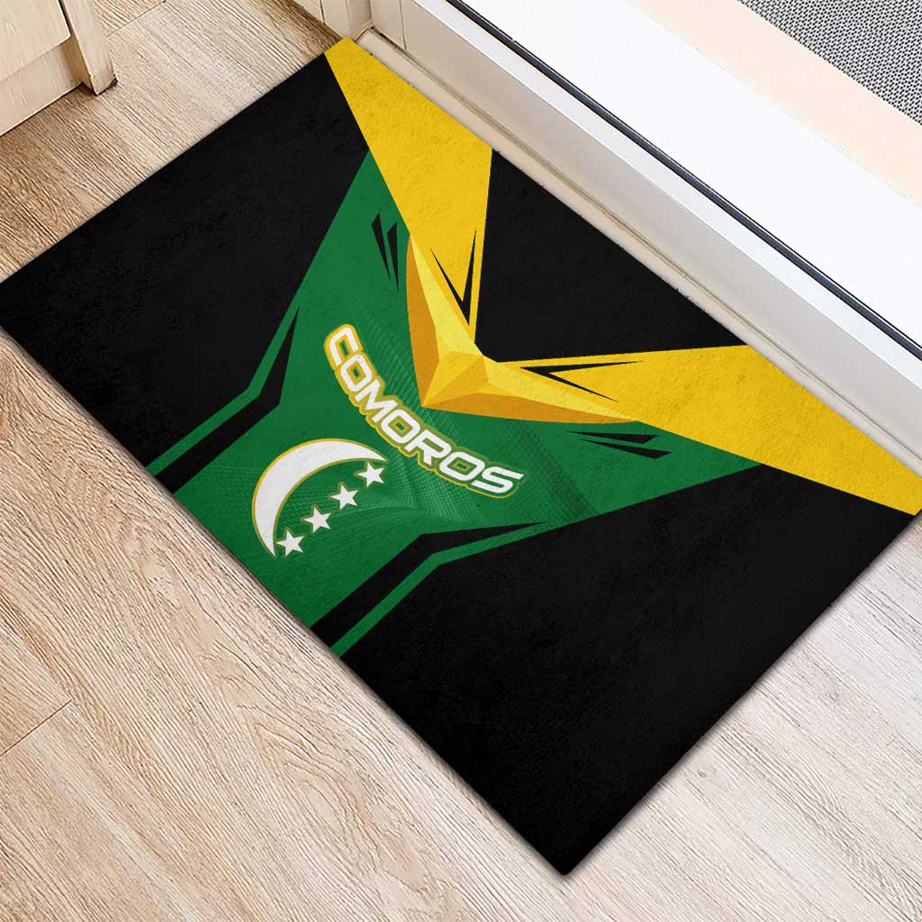 Comoros Rubber Doormat - National Colors Green Yellow Black Crescent Moon and Stars Emblem