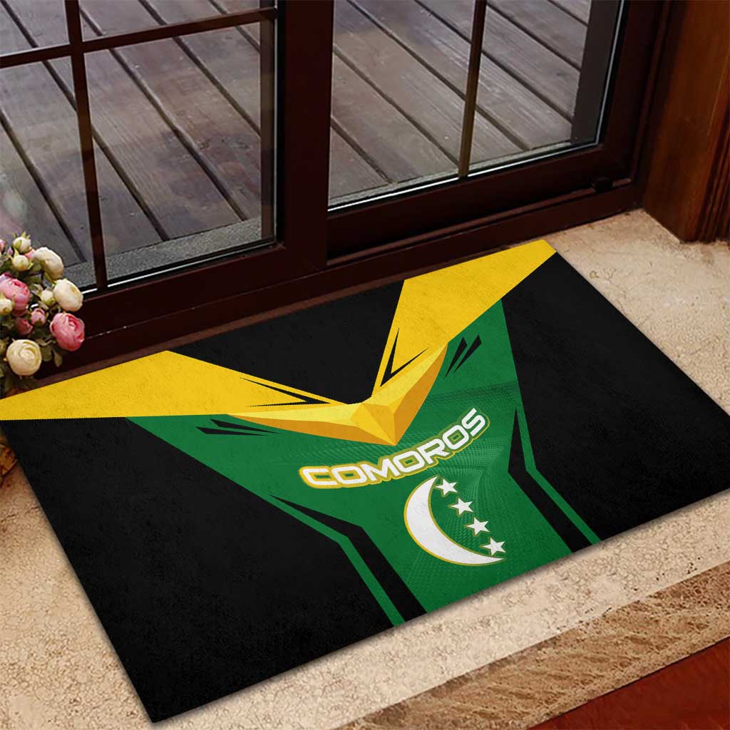 Comoros Rubber Doormat - National Colors Green Yellow Black Crescent Moon and Stars Emblem