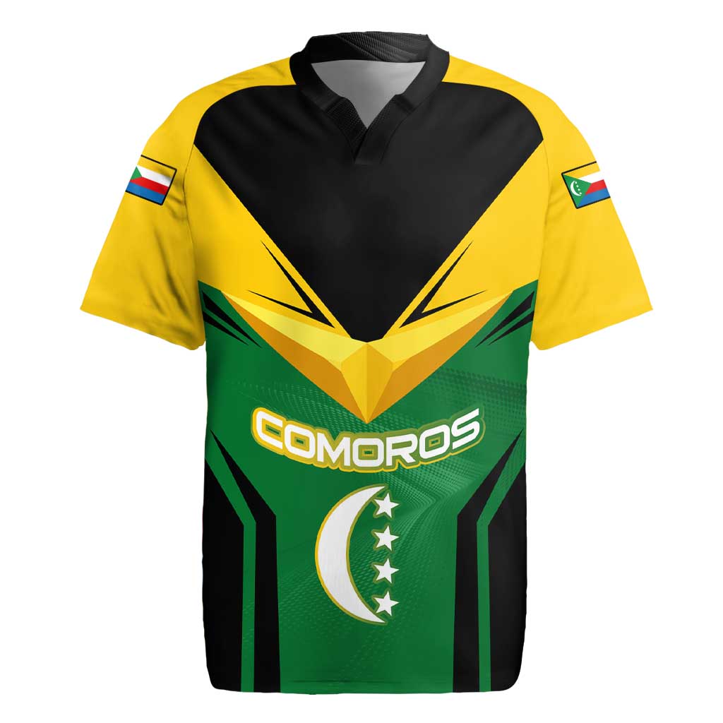 Comoros Rugby Jersey - National Colors Green Yellow Black Crescent Moon and Stars Emblem