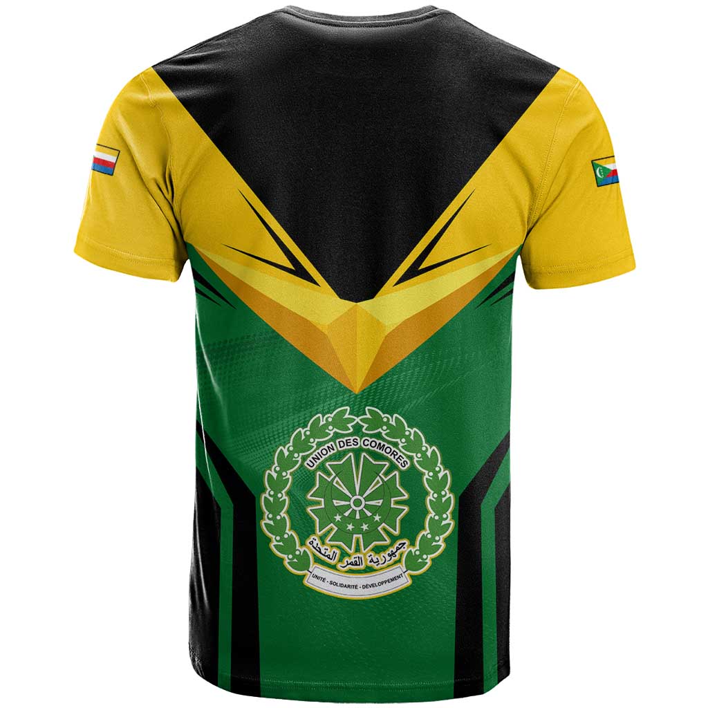 Comoros T shirt - National Colors Green Yellow Black Crescent Moon and Stars Emblem