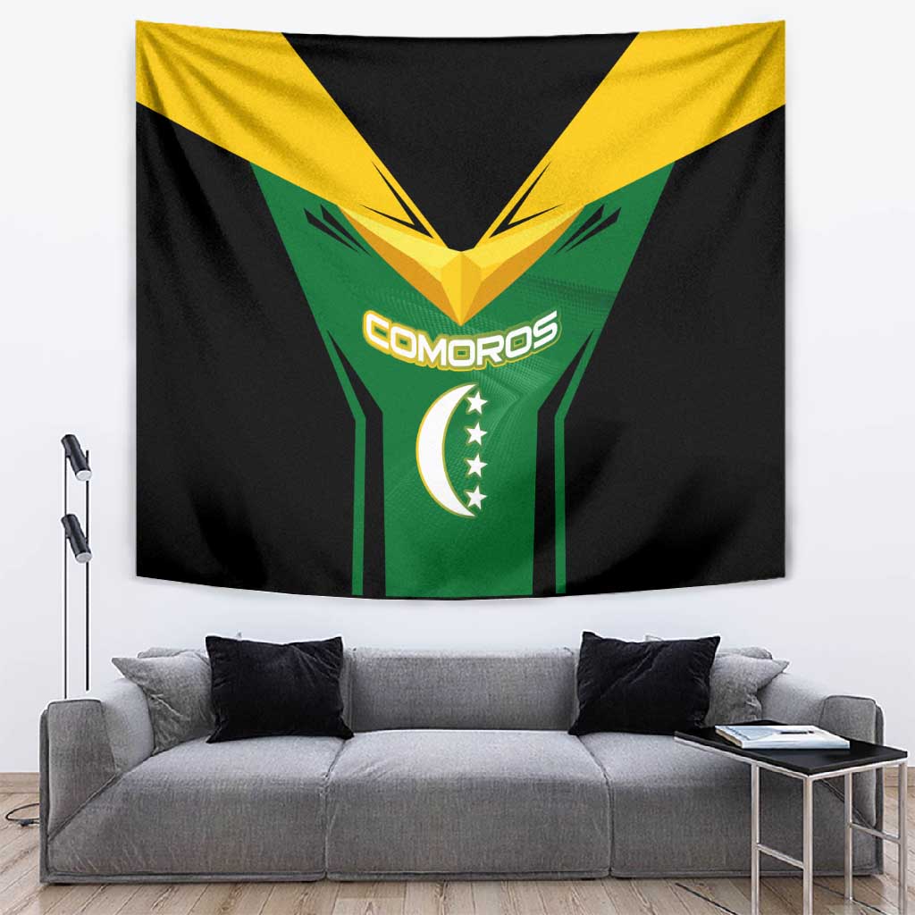 Comoros Tapestry - National Colors Green Yellow Black Crescent Moon and Stars Emblem