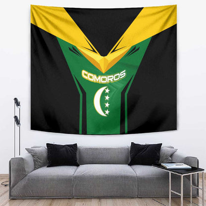 Comoros Tapestry - National Colors Green Yellow Black Crescent Moon and Stars Emblem