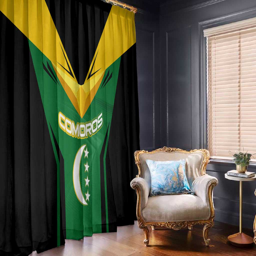 Comoros Window Curtain - National Colors Green Yellow Black Crescent Moon and Stars Emblem