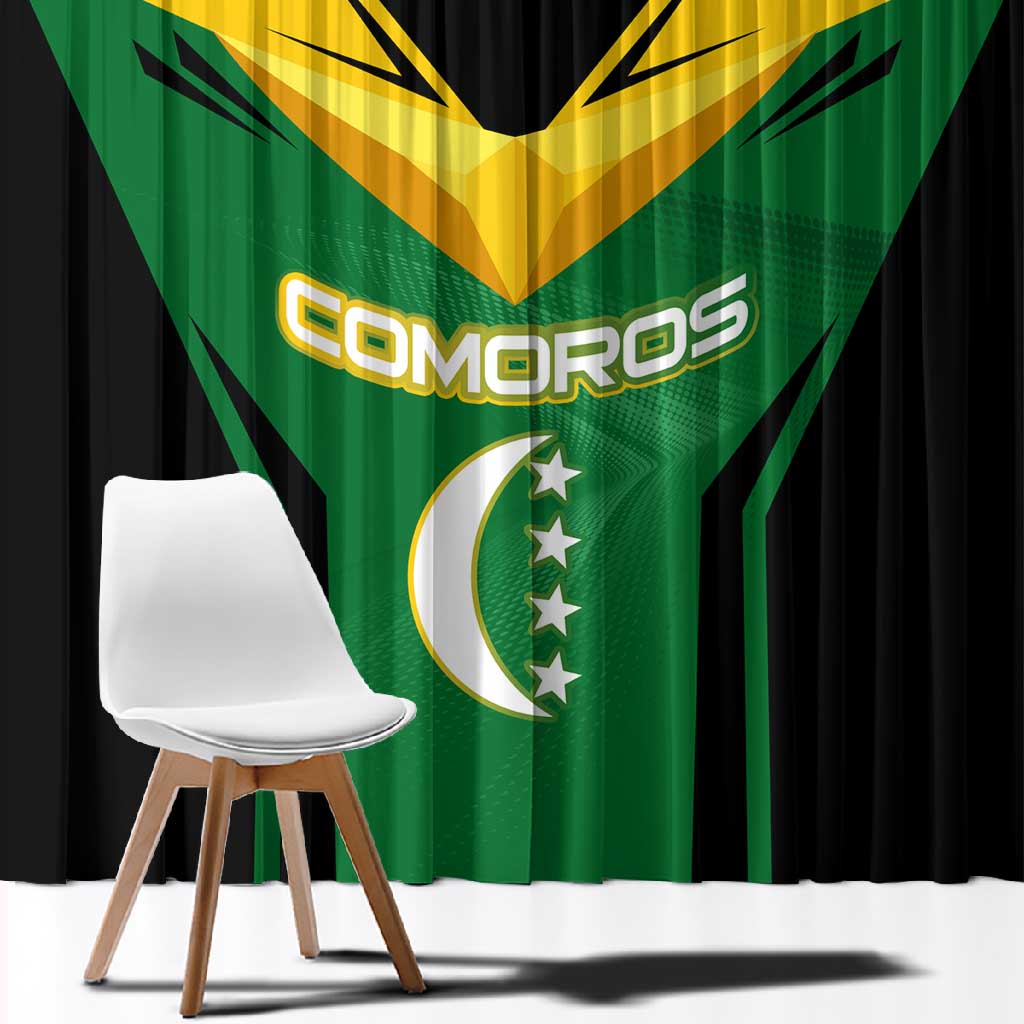 Comoros Window Curtain - National Colors Green Yellow Black Crescent Moon and Stars Emblem
