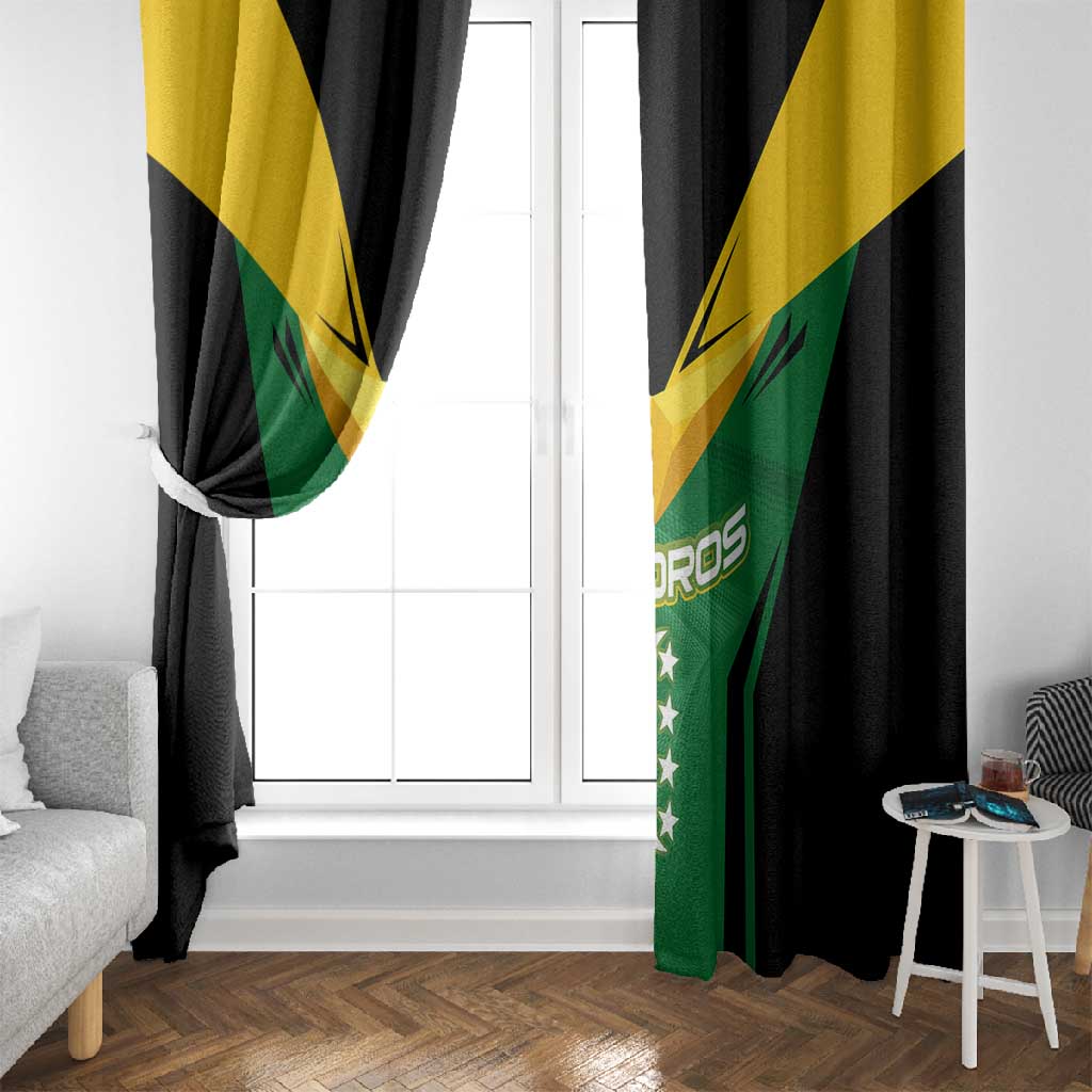 Comoros Window Curtain - National Colors Green Yellow Black Crescent Moon and Stars Emblem