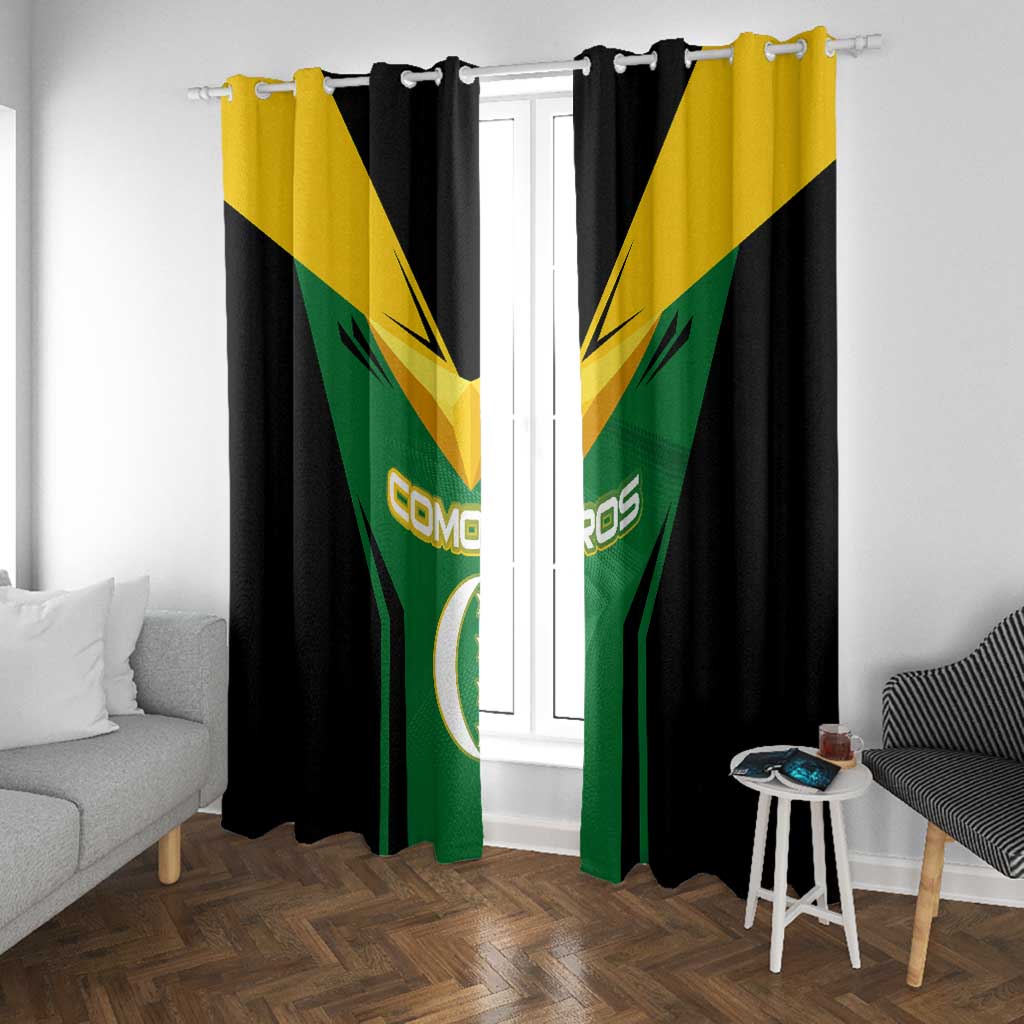 Comoros Window Curtain - National Colors Green Yellow Black Crescent Moon and Stars Emblem