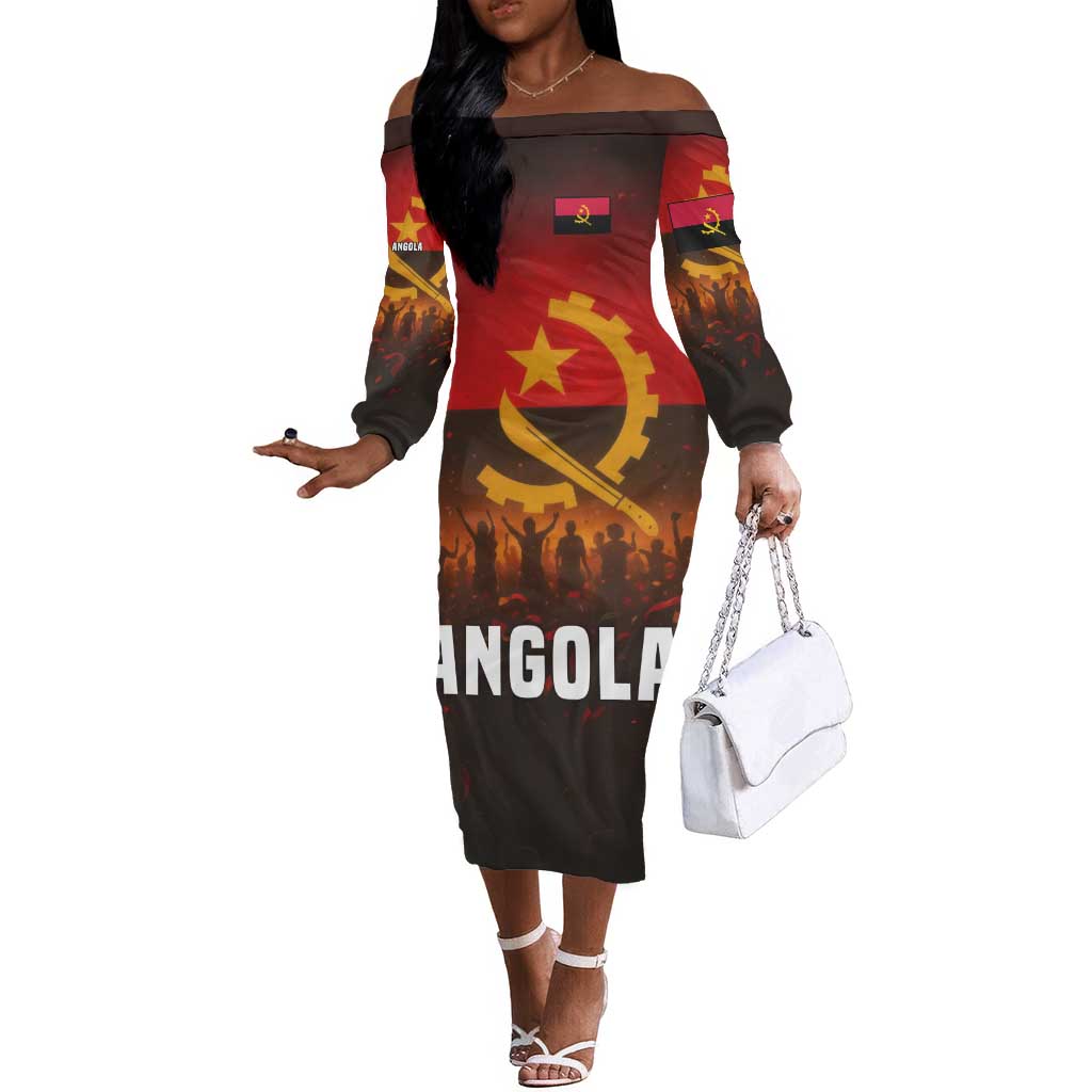 Angola Off The Shoulder Long Sleeve Dress Red Black Yellow Grunge - African Pride