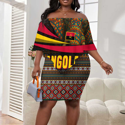 Angola Off Shoulder Short Dress Red Black Yellow Tribal and Elephant - African Pride