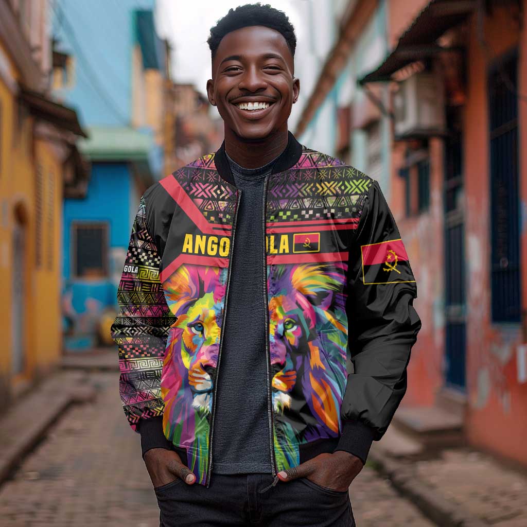 Angola Bomber Jacket Multicolor Tribal Design and Vibrant Lion - African Pride