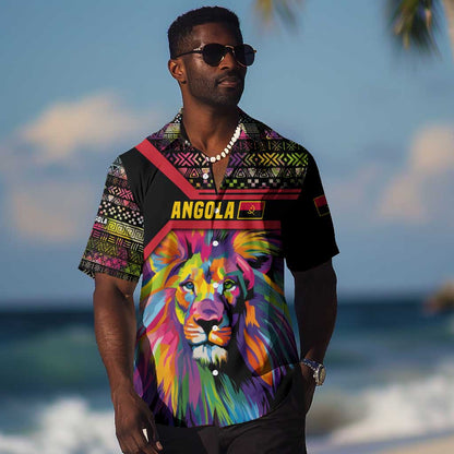 Angola Hawaiian Shirt Multicolor Tribal Design and Vibrant Lion - African Pride