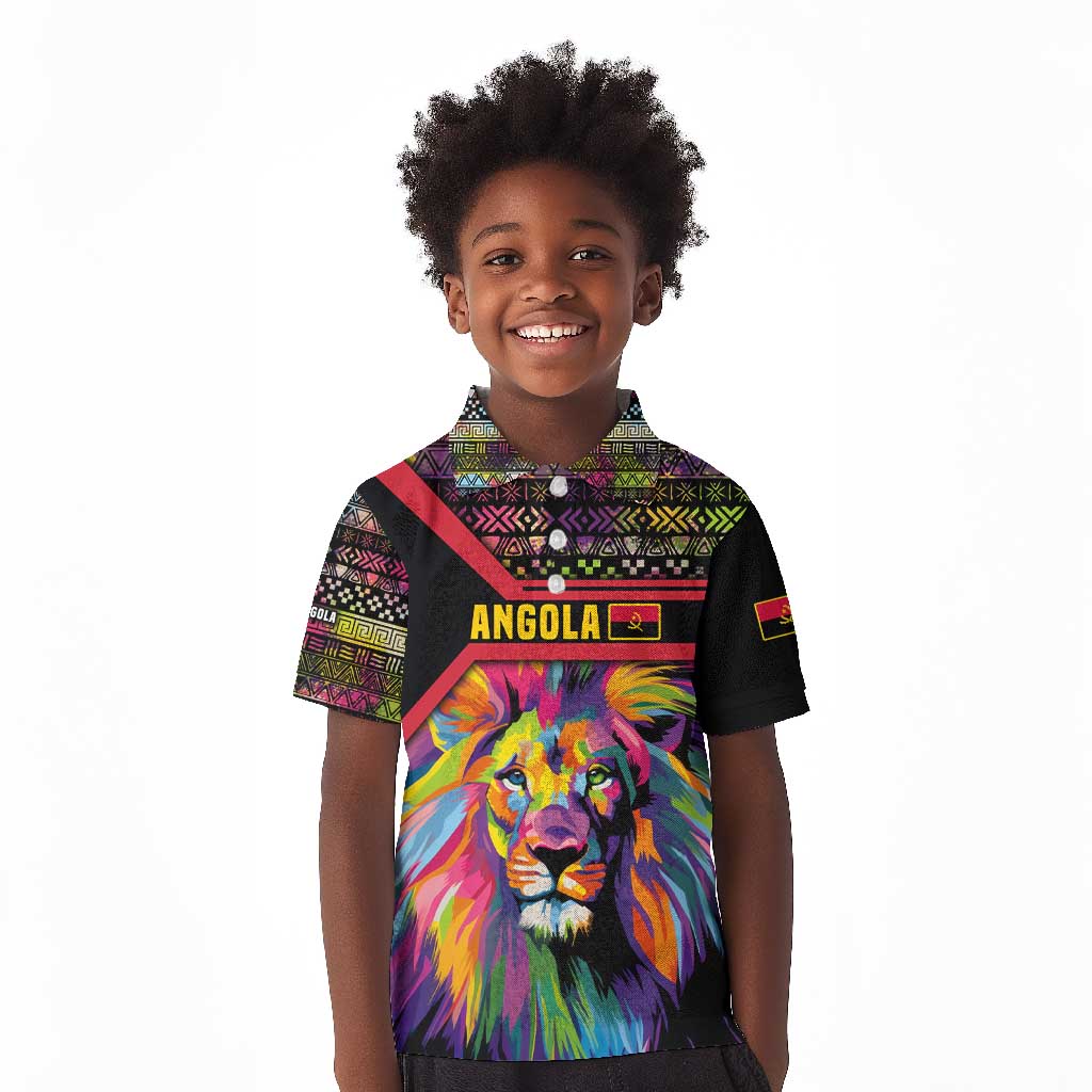 Angola Kid Polo Shirt Multicolor Tribal Design and Vibrant Lion - African Pride