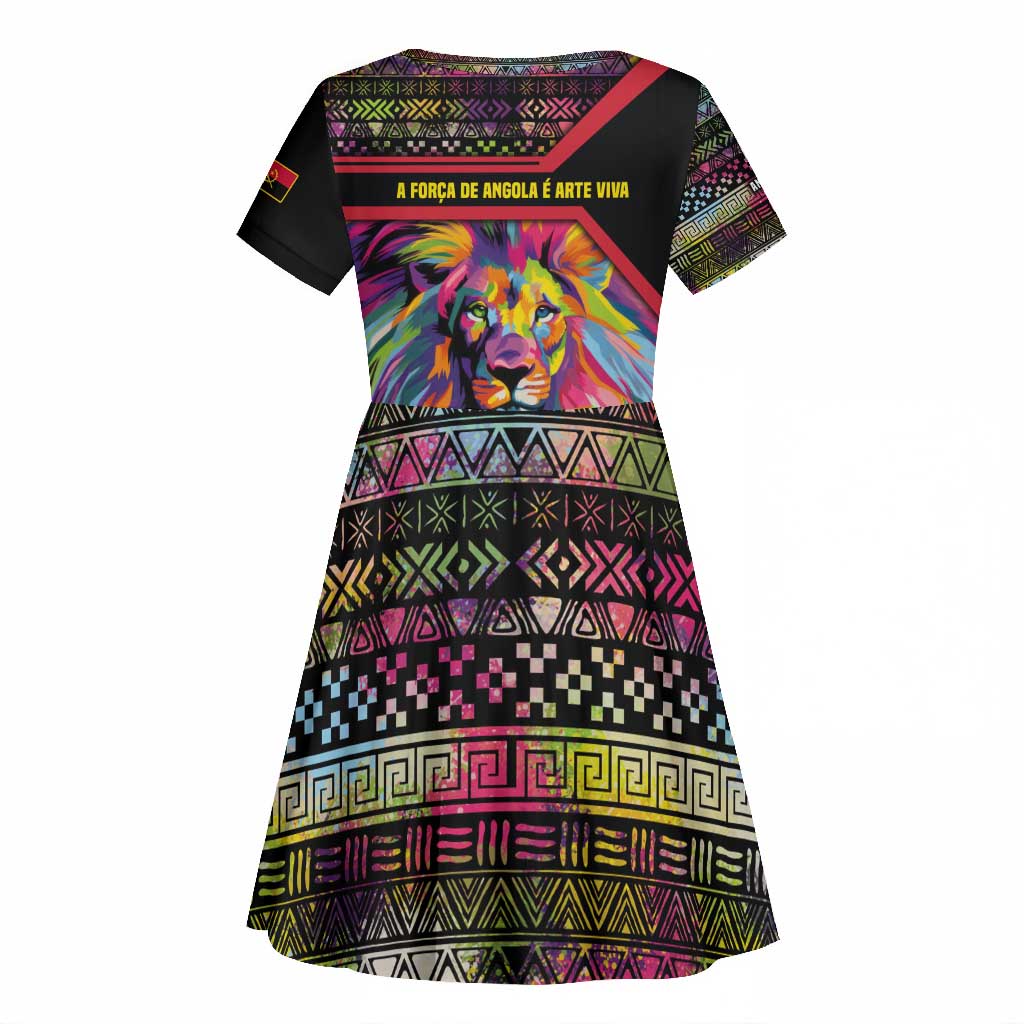 Angola Kid Short Sleeve Dress Multicolor Tribal Design and Vibrant Lion - African Pride