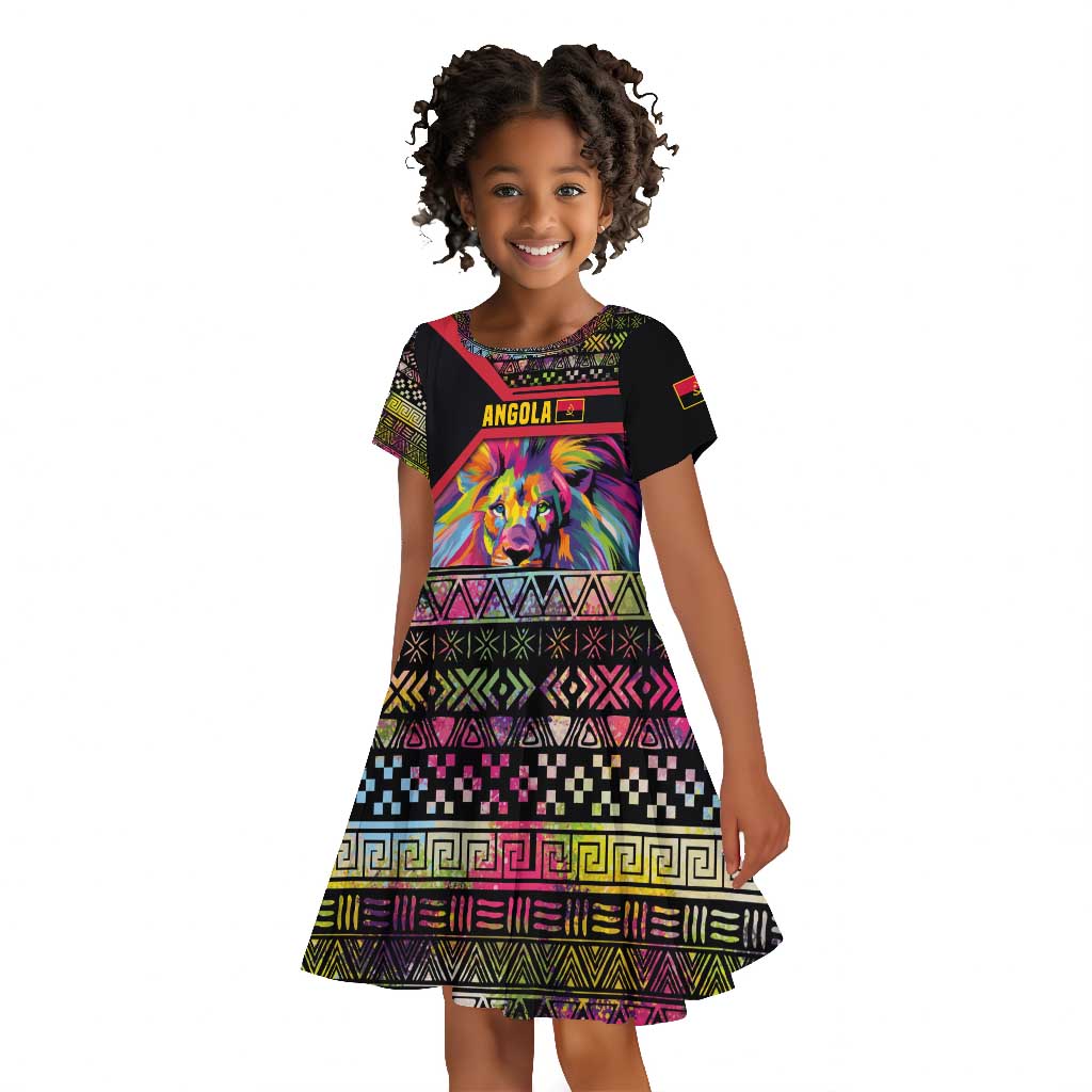 Angola Kid Short Sleeve Dress Multicolor Tribal Design and Vibrant Lion - African Pride