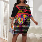 Angola Off Shoulder Short Dress Multicolor Tribal Design and Vibrant Lion - African Pride