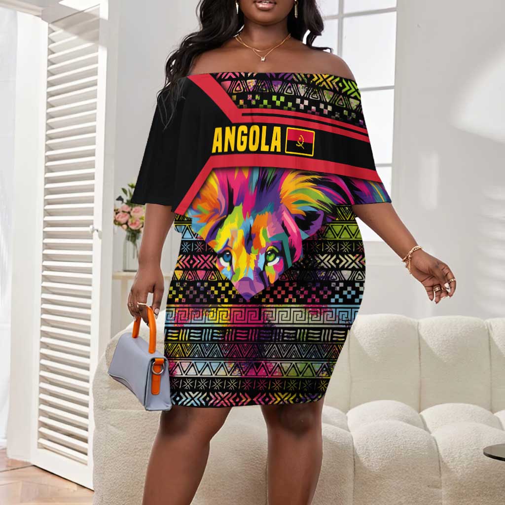 Angola Off Shoulder Short Dress Multicolor Tribal Design and Vibrant Lion - African Pride