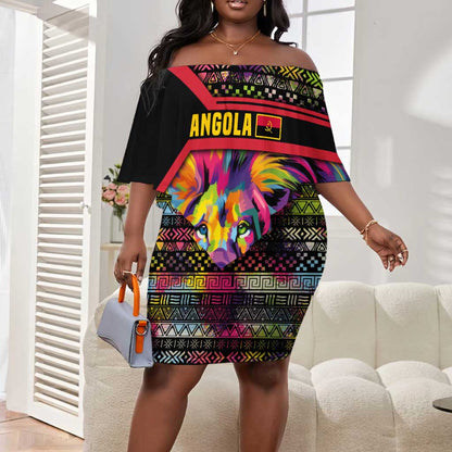 Angola Off Shoulder Short Dress Multicolor Tribal Design and Vibrant Lion - African Pride