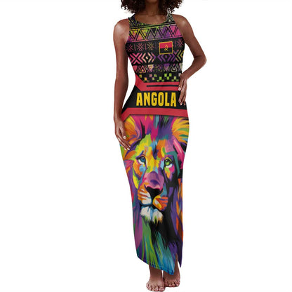 Angola Tank Maxi Dress Multicolor Tribal Design and Vibrant Lion - African Pride