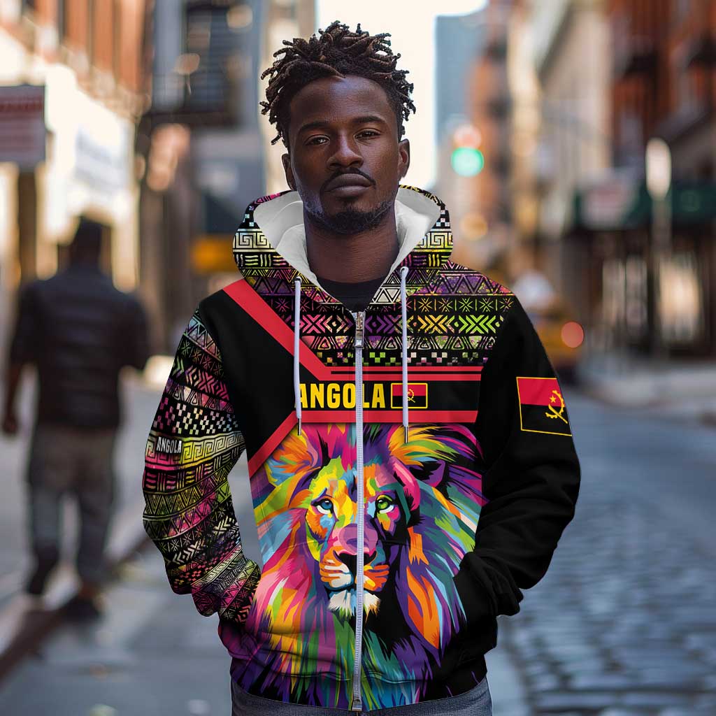 Angola Zip Hoodie Multicolor Tribal Design and Vibrant Lion - African Pride