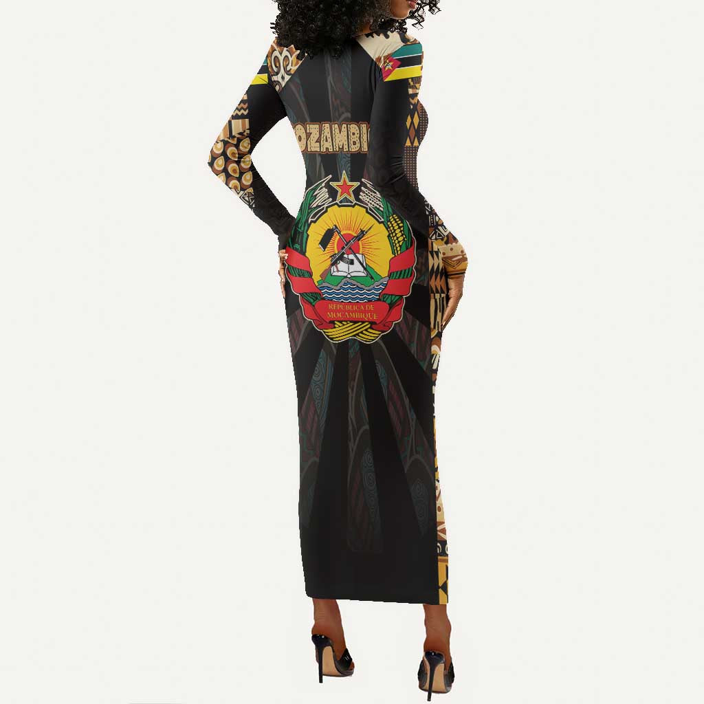 Mozambique Long Sleeve Bodycon Dress Black Brown Tribal Design - African Pride