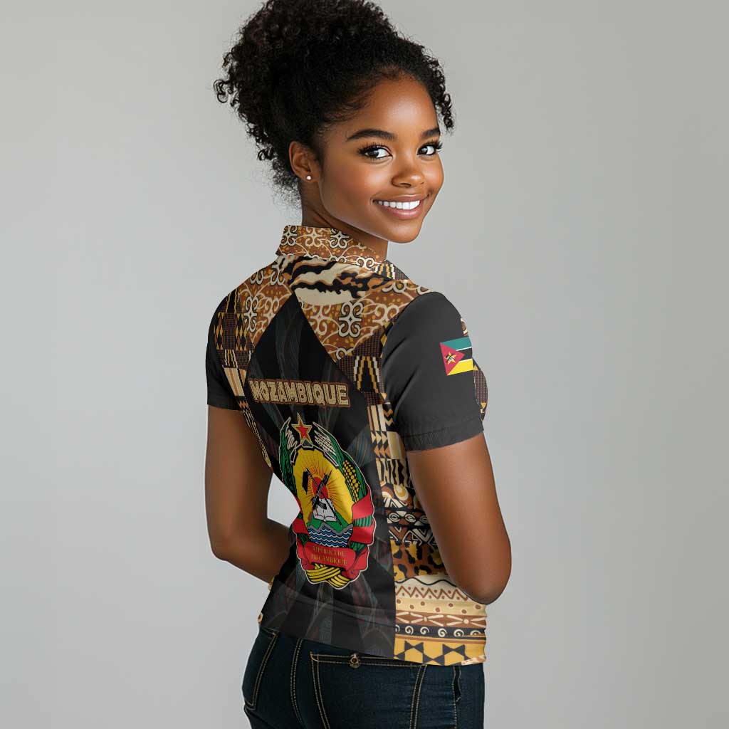 Mozambique Women Polo Shirt Black Brown Tribal Design - African Pride