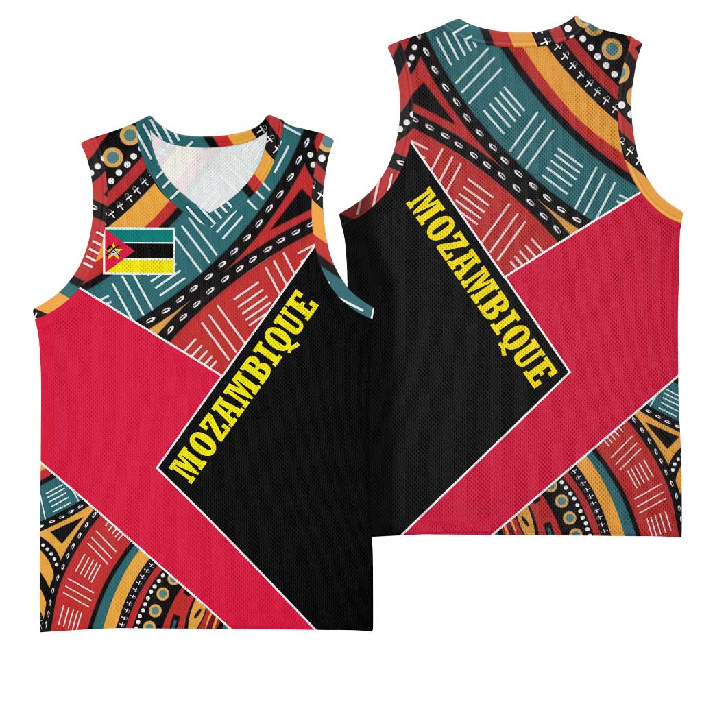 Mozambique Basketball Jersey Red Black Geometric Design and Tribal Pattern TS04