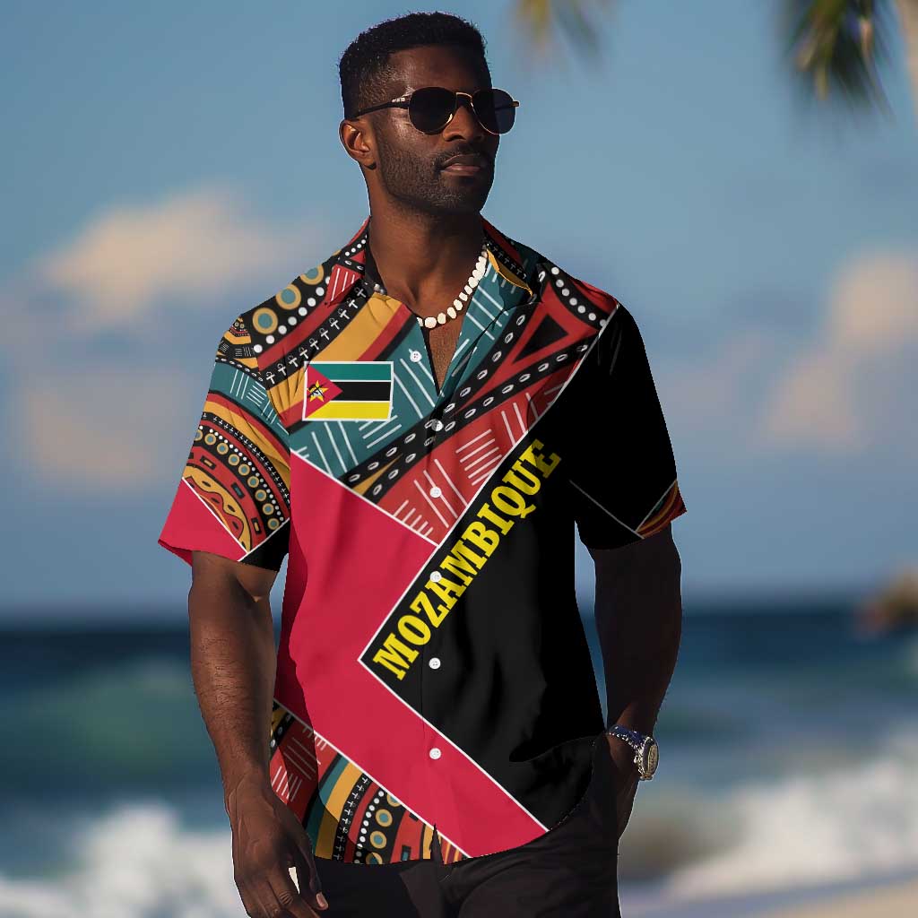 Mozambique Hawaiian Shirt Red Black Geometric Design and Tribal Pattern - African Pride