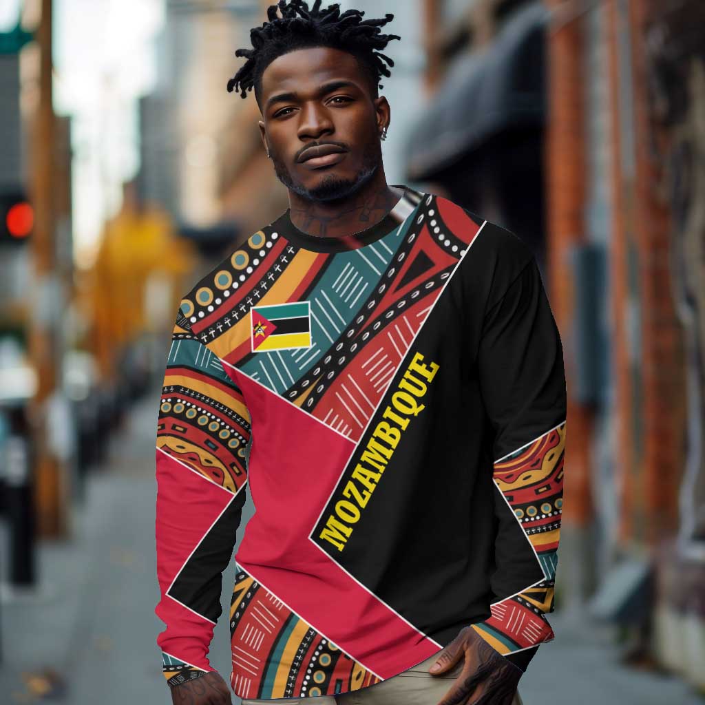 Mozambique Long Sleeve Shirt Red Black Geometric Design and Tribal Pattern - African Pride