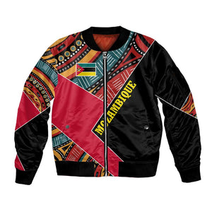Mozambique Sleeve Zip Bomber Jacket Red Black Geometric Design and Tribal Pattern - African Pride