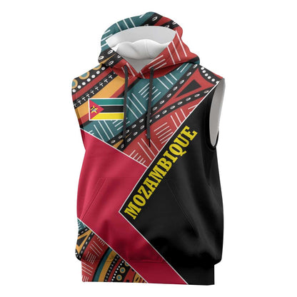 Mozambique Sleeveless Hoodie Red Black Geometric Design and Tribal Pattern - African Pride
