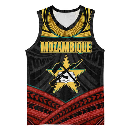 Mozambique Basketball Jersey Black Red Tribal Design Map TS04