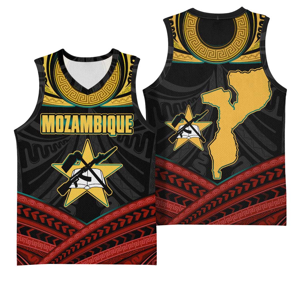 Mozambique Basketball Jersey Black Red Tribal Design Map TS04