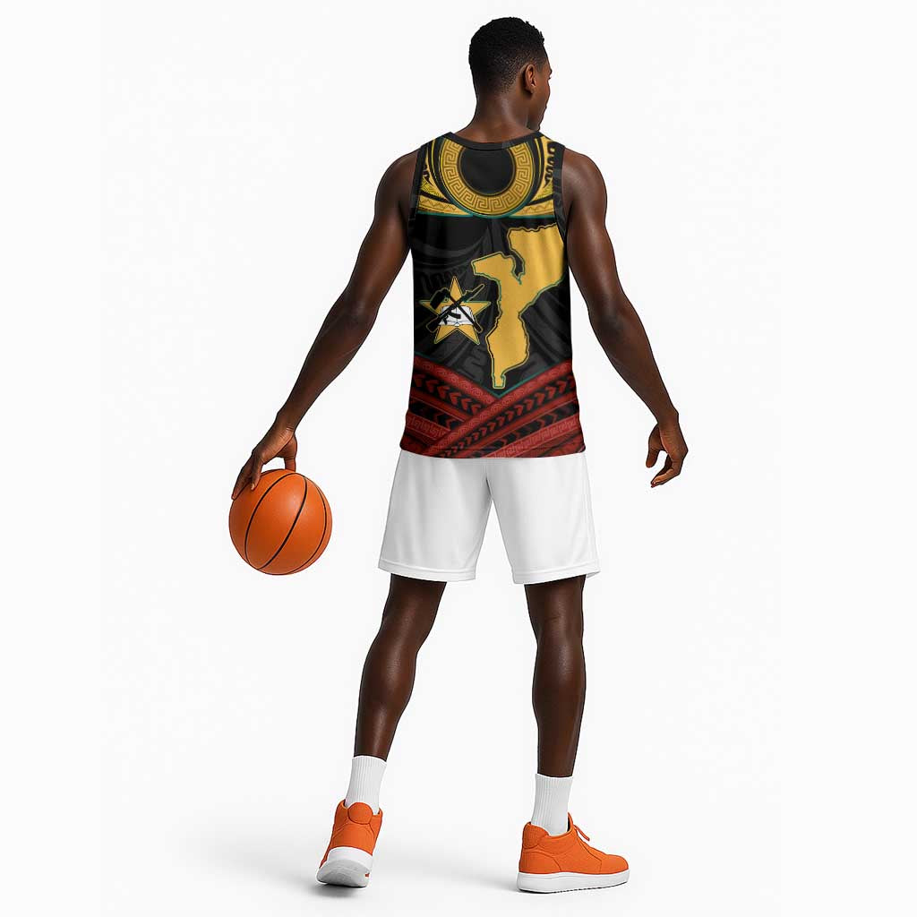Mozambique Basketball Jersey Black Red Tribal Design Map TS04