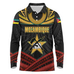 Mozambique Long Sleeve Polo Shirt Black Red Tribal Design Map - African Pride