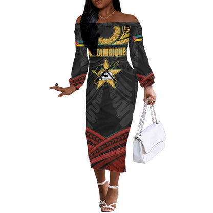 Mozambique Off The Shoulder Long Sleeve Dress Black Red Tribal Design Map - African Pride
