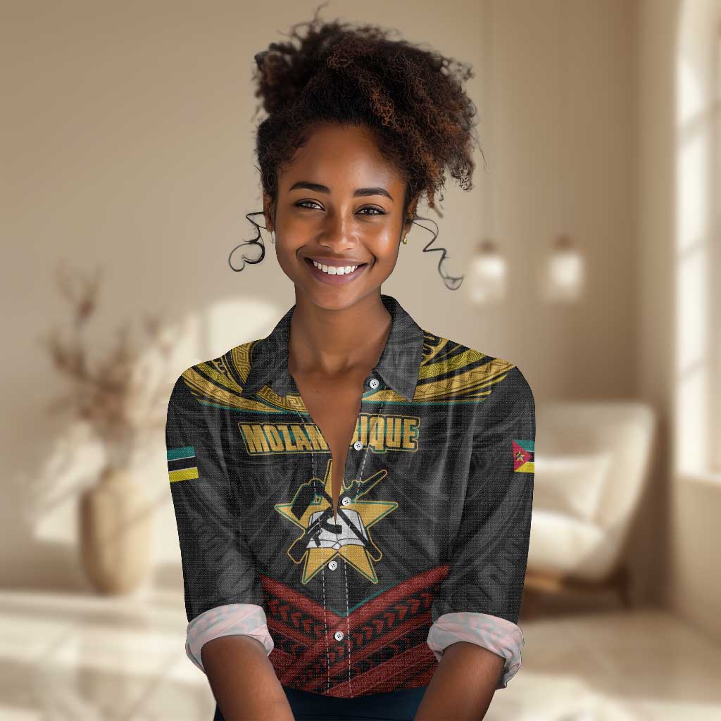 Mozambique Women Casual Shirt Black Red Tribal Design Map - African Pride
