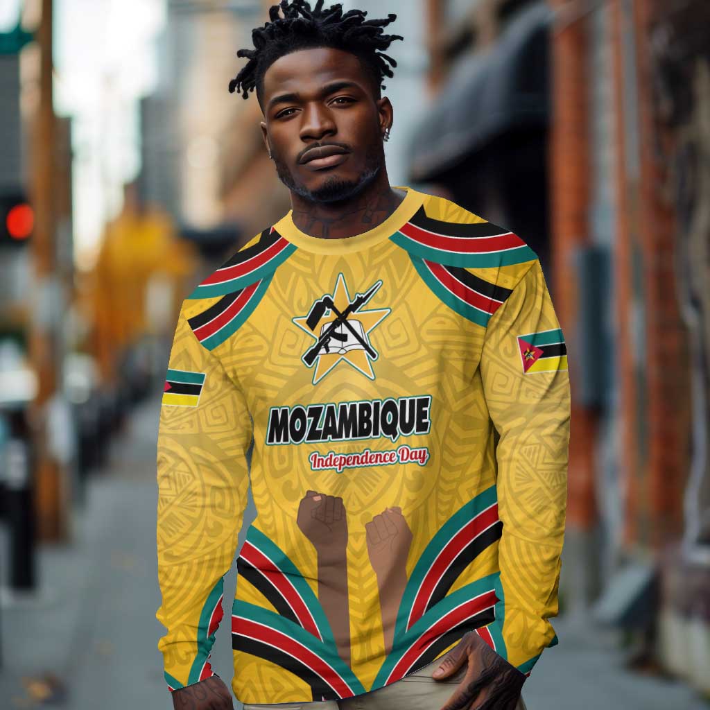 Mozambique Long Sleeve Shirt Yellow Red Green Swirl Independence Day - African Pride