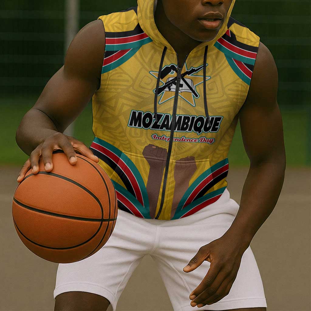 Mozambique Sleeveless Zip Hoodie Yellow Red Green Swirl Independence Day - African Pride