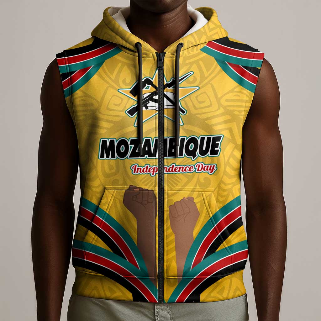 Mozambique Sleeveless Zip Hoodie Yellow Red Green Swirl Independence Day - African Pride