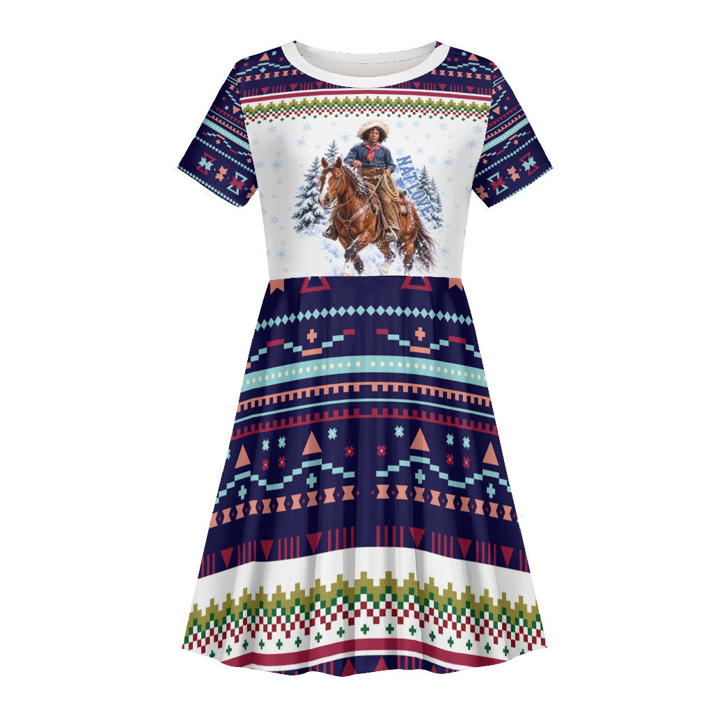 Nat Love African American Cowboy Kid Short Sleeve Dress Winter Snow Fair Isle Pattern Western Graphic Art