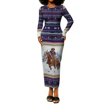Nat Love African American Cowboy Long Sleeve Bodycon Dress Winter Snow Fair Isle Pattern Western Graphic Art